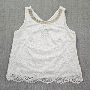 Le Bos Blouse 14W White Sleeveless Pearl Embellishments Crochet Needlepoint NWT